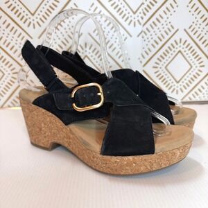 Clarks Suede Cork Sandal Women 10 Black Wedge Slingback Buckle Boho Vacation